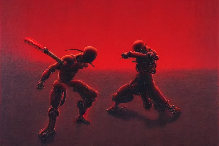 Image similar to only with red, a red cyborg samurai, tokio futuristic in background, some evil yokai fight, in the style of beksinski, parts by edward hopper, parts by rodcenko, parts by yue minjun, intricate and epic composition, red by caravaggio, insanely quality, highly detailed, masterpiece, red light, artstation, 4 k