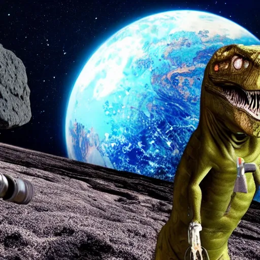 Prompt: T rex taking a selfie with asteroid in background