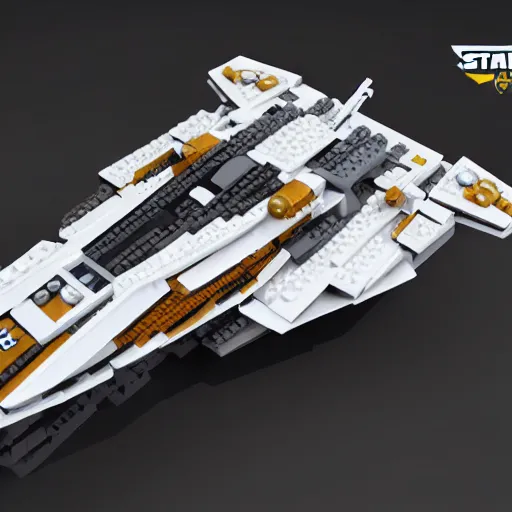 Image similar to star citizen ship made of lego, isometric, high detail, realistic, photography