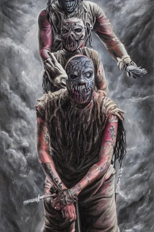 Image similar to a full body high detail fantasy portrait oil painting illustration of slipknot band by justin sweet with face and body clearly visible, in a scenic background, realistic proportions, d & d, rpg, forgotten realms, artstation trending, high quality, sombre mood, artstation trending, muted colours, entire person visible!