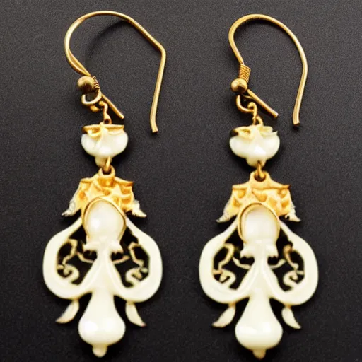 Image similar to creepy artnouveau style earrings made of gold ivory emerald