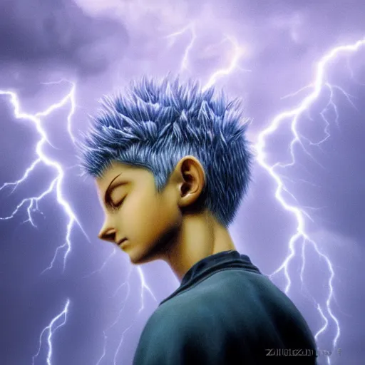 Prompt: killua zoldyck made by zdzisław beksinski, thunderstorm, lighting, blue, pose, 8 k, detailed, high quality, 8 k, detailed clothes, detailed hair