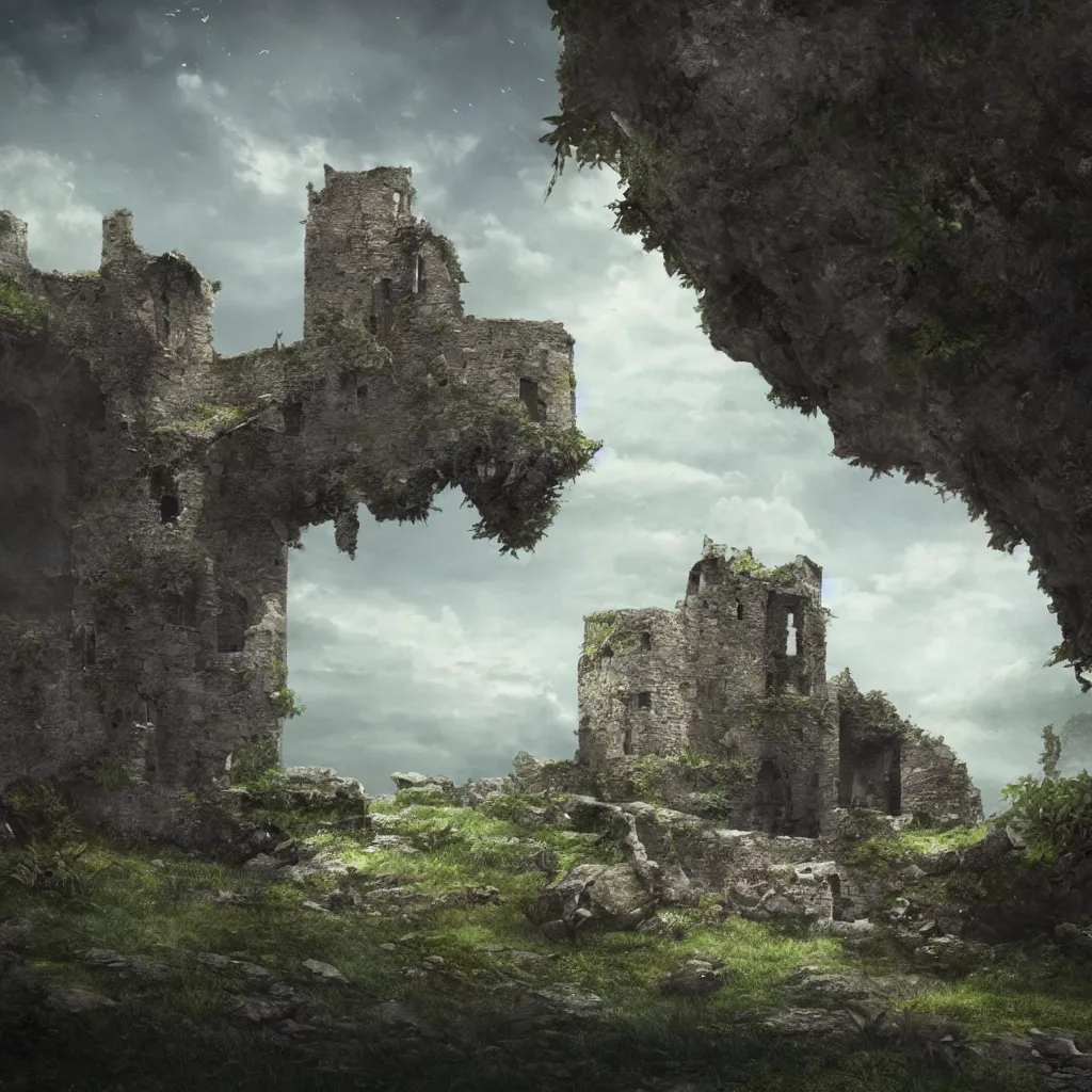 Image similar to looking up at a ruined castle on a small island only reachable by a small land bridge, 8 k, ultra realistic cinematic, intricate, cinematic light, concept art, illustration, art station