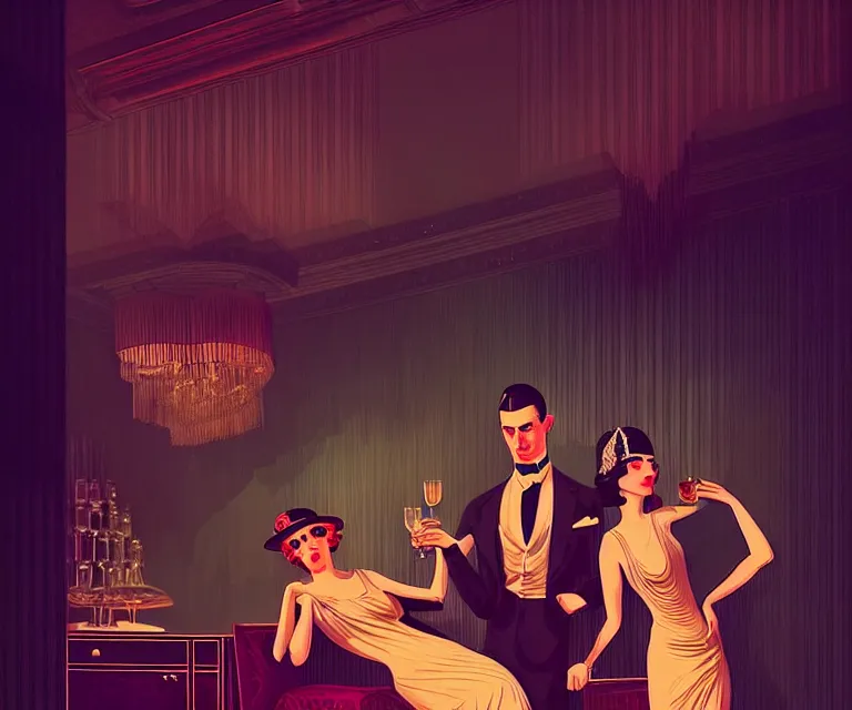 Prompt: a beautiful classy partying couple, dimly lit upscale 1920s speakeasy, relaxed pose, art deco, detailed painterly digital art style by Kilian Eng, retro vibe, 🍸, 8k octane beautifully detailed render, post-processing, extremely hyperdetailed, intricate, epic composition, grim yet sparkling atmosphere, cinematic lighting + masterpiece, trending on artstation, very detailed, vibrant colors, Art Nouveau, masterpiece, romanticism