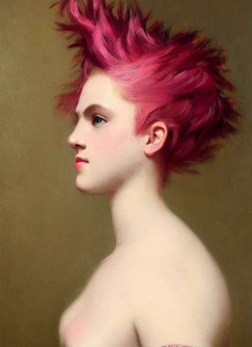 Prompt: a detailed portrait of young woman with a mohawk by edouard bisson, 2 0 2 0 fashion, pink hair, punk rock, looking at the camera, oil painting, muted colours, soft lighting