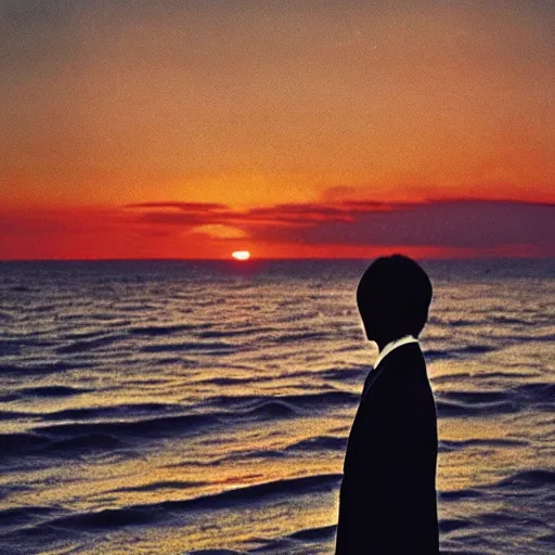 Prompt: japanese man with long hair in a suit standing in the ocean looking at the camera, wide shot, far away, zoomed out, distance!!!!!!! shot, sunset, album cover, 1980, tatsuro yamashita, ride on time