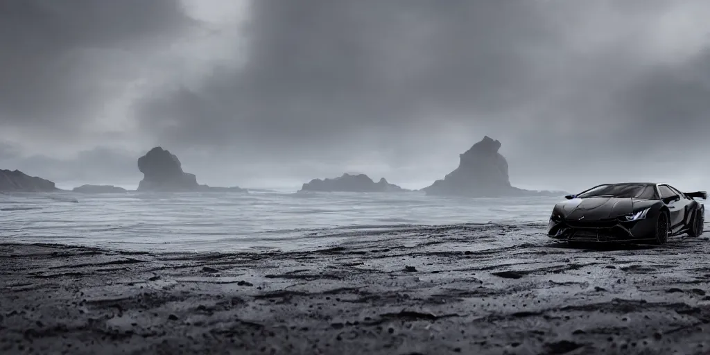 Prompt: a black lego lamborghini driving at the icelandic coast line. black sand. dramatic sky. cinematic. intricate. mist. low angle wide shot. highly detailed. matte painting in the style of andreas rocha. octane render. 8 k. trending on artstation