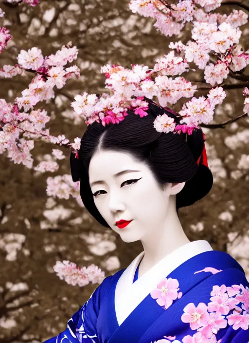 Image similar to Beautiful Japanese geisha close up portrait shot, 1920s geisha, young woman, in color, half body photo, upper body, traditional geisha clothing, geisha makeup, geisha hairstyle, hyper realistic, 8k, trending, professional photography, cherry blossom background