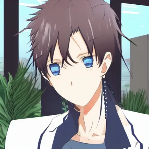 Image similar to a tall anime boy with black hair, blue eyes and piercings working at a café, detailed