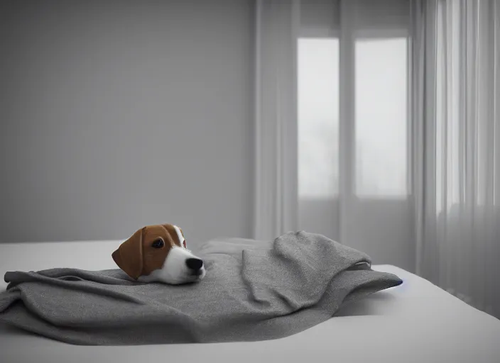 Image similar to photography of a Jack Russel watching outside the window on a bed in a 3d rendered white room, octane render, 3d, foggy, volumetric light, volumetric fog, photorealistic, unreal engine 5, award winning photo, 100mm, sharp, cloth, high res