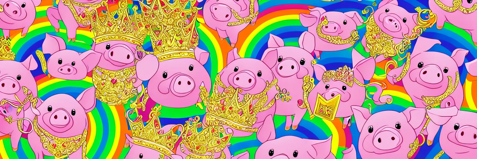 Prompt: illustration of cute pigs wearing gold crowns and rainbows digital art wallpaper by lisa frank, intricate illustration