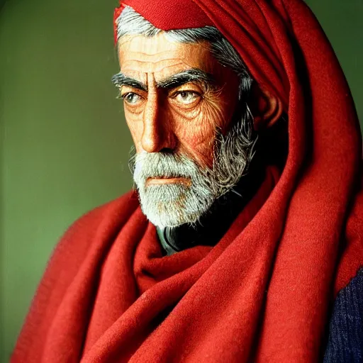 Image similar to portrait of president woodrow wilson as afghan man, green eyes and red scarf looking intently, photograph by steve mccurry