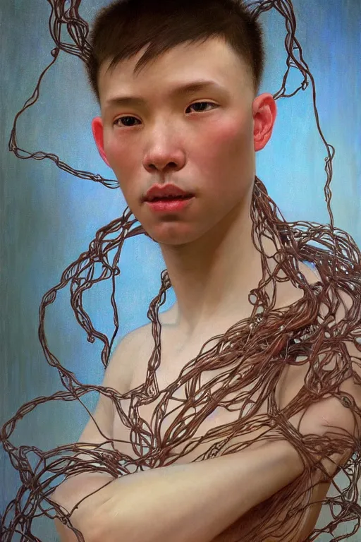 Image similar to hyperrealist portrait of elijah zu bailey, it is decorated with long wires that fall like vines and wears small computers over their body. by jeremy mann and alphonse mucha, fantasy art, photo realistic, dynamic lighting, artstation, poster, volumetric lighting, very detailed faces, 4 k, award winning, hands on hip