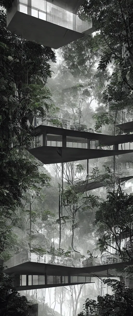 Image similar to architecture inspired by le corbusier in the rainforest. nature is taking over. upside down. metabolism. matte painting. octane render. hdr. volumetric lighting. global illumination. atmospheric. photorealistic. color scheme black and white.