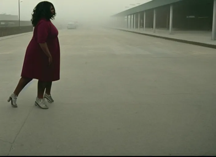 Image similar to cinematic screenshot wide shot of octavia spencer in a foggy abandoned sears parking lot, paranoia everywhere, screenshot from the tense thriller film ( 2 0 0 1 ) directed by spike jonze, volumetric hazy lighting, moody cinematography, 3 5 mm kodak color stock, 2 4 mm lens, ecktochrome