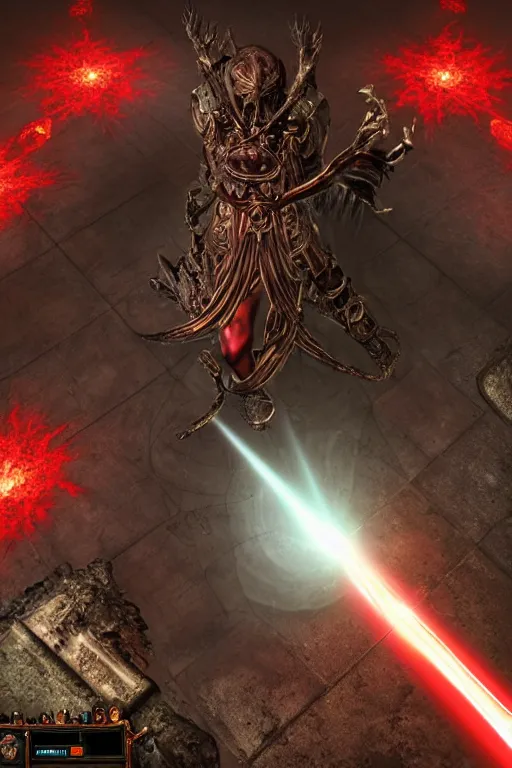 Prompt: Path of Exile, [Sirius], clear [[bronze]] face [mask], luminous red eyes, male image with [bronze] black armor, sitting on the throne, inside the ruined gothic church, black shadows, red lasers, dark red bloody fog, black-grey smoky tornadoes fly around, [[blood]], Anachronism, painting, dark fantasy, steampunk, 4k, perfect quality,