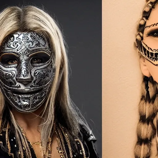 Image similar to A new dark hero for blockbuster movies. A blonde dreaded beauty with a mask of silver skulls, engraved with ancient and ultra-detailed patterns. Attractive eyes. A fearless smile. Blurred background. Earrings. Gold. Aztecs. Inca. Mexico.