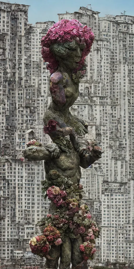 Image similar to giant grotesque flower proletariat statue in the middle of abandoned early soviet constructivist cityscape, Stalinist architecture, ultradetailed by Hayao Miyazaki and Josan Gonzalez and Makoto Shinkai and Giuseppe Arcimboldo and Wes Anderson