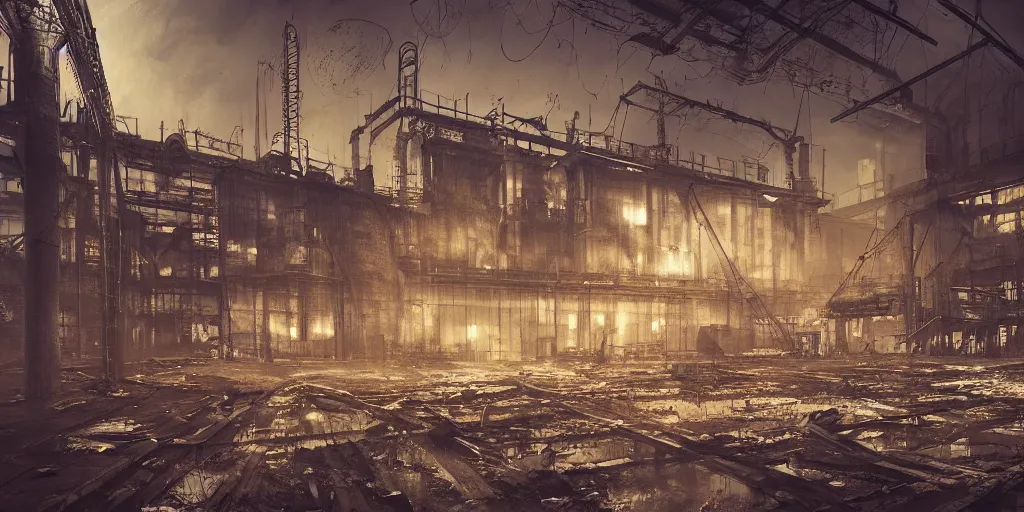 Image similar to an old industrial factory, a ghostly figure is walking between the broken machines, everything is rusted and broken, night time low light, spooky and scary atmosphere, artstation,