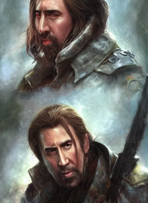 Image similar to highly realistic nicholas cage as a ranger painted by raymond swanland