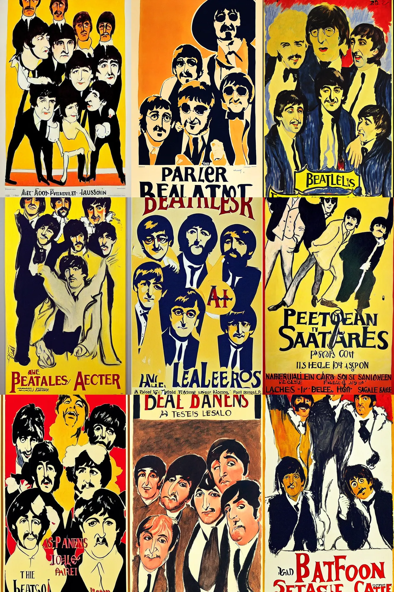 Prompt: a poster announcing a Beatles concert in a parisian cabaret depicting John Lennon, Paul Mccartney, George Harrrison and Ringo Starr, by Toulouse-Lautrec, high quality, masterpiece,