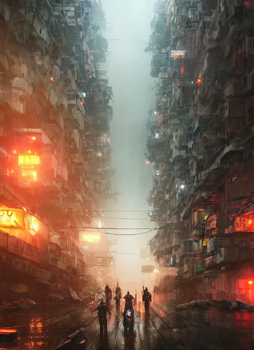 Prompt: dramatic Photorealistic, Matte Painting of a gigantic tall Mobile suit Mech almost filling up a busy post apocalyptic deep flooded Hong Kong city street at night,dark Tall buildings by Greg Rutkowski,Craig Mullins,Hyperrealism,Beautiful dramatic moody lighting,Cinematic Atmosphere,volumetric,Octane Rendering,8K