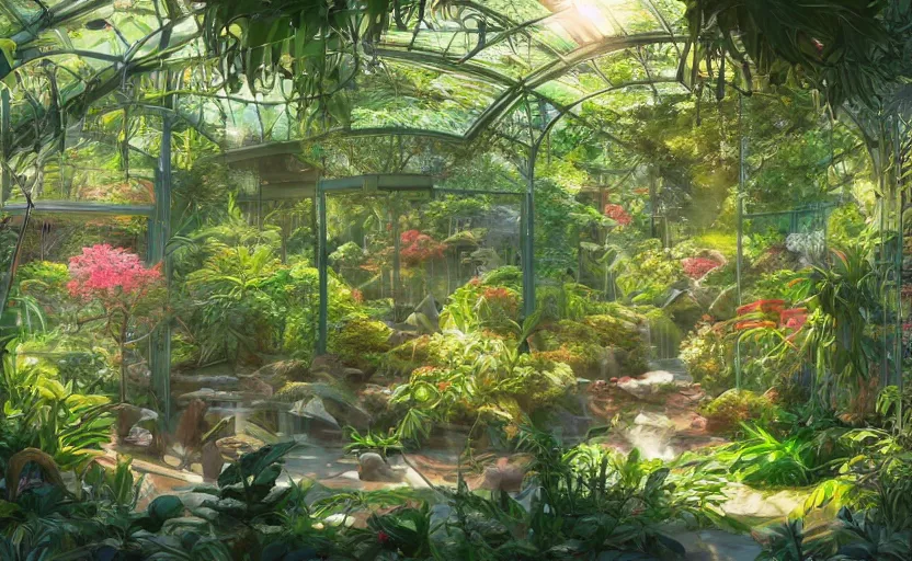 Image similar to japanese garden, jungle, greenhouse, sunrays, bay window, indoor, highly detailed, digital painting, artstation, art nouveau, concept art, sharp focus, illustration