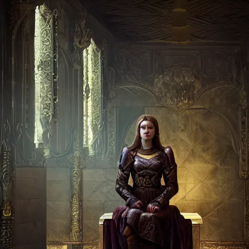 Image similar to the elder scrolls vi, charismatic regal humble brunette female jarl, portrait, throne room, atmospheric lighting, painted, intricate, volumetric lighting, beautiful, daytime, sunny weather, slight overcast, sharp focus, deep colours, ultra detailed, by leesha hannigan, ross tran, thierry doizon, kai carpenter, ignacio fernandez rios