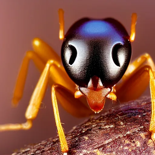 Image similar to the nocturnal yellow ant of bolognasia ( its large eyes help it navigate in the dark ), macro photograph of eyes and head, horizontal symmetry, realistic highly detailed, unreal engine