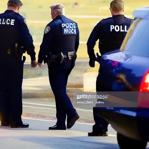 Image similar to candid ap press photo of president trump in handcuffs being arrested by fbi agents, escorting him into a police car, 3 5 mm lens, highly detailed portrait, 4 k uhd, sony camera, f / 2 2