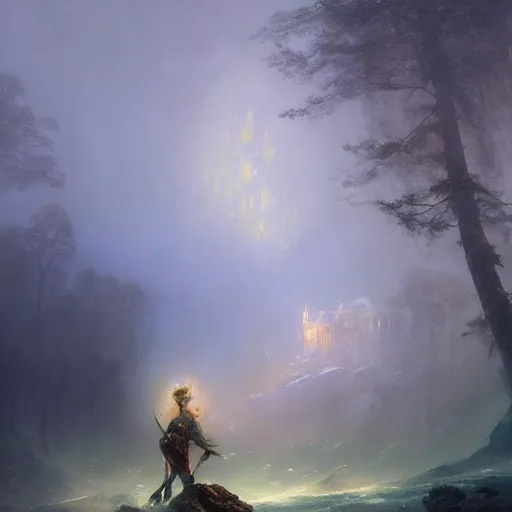 Image similar to ''cinematic shot'' an elf in rivendel with armor of diamonds with leaves falling simetrical 8 k atmosferic realistic made by ivan aivazovsky, peter mohrbacher, greg rutkowski volumetric light effect broad light oil painting painting fantasy art style sci - fi art style realism premium prints available artwork unreal engine