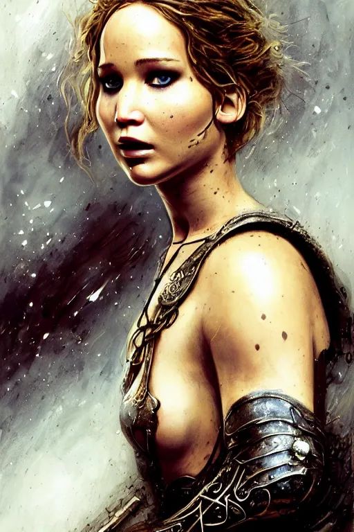 Image similar to jennifer lawrence, legendary warrior, heroic fighter, lord of the rings, tattoos, decorative ornaments, battle armor, omar ortiz, carl spitzweg, ismail inceoglu, vdragan bibin, hans thoma, greg rutkowski, alexandros pyromallis, perfect face, sharply detailed, centered, rule of thirds, realistic shading, photorealism