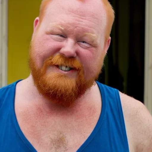 Image similar to 3 / 4 upper body of a 5 0 year old ginger men with crooked teeth, balding, overweight