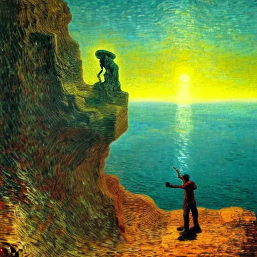 Prompt: A man climbs a cliff while coding A.I. on a laptop - award-winning digital artwork by Salvador Dali, Beksiński, Van Gogh and Monet. Stunning lighting