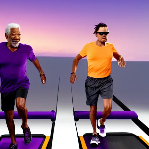 Image similar to morgan freeman and johnny depp running on a treadmill on a tropical island purple with a sunset, 4k hyperrealistic