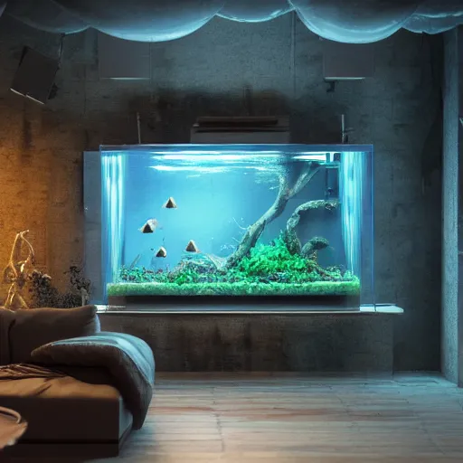 Image similar to a spacious room with freshwater aquariums as walls, dim light, hyper realistic, ambient lighting, concept art, intricate, hyper detailed, smooth, dynamic volumetric lighting, octane, raytrace, cinematic, high quality, high resolution, 4 k, cgsociety, rutkowski, gurney