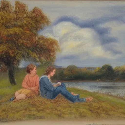 Prompt: landscape pastel of tiny happy young man with long brown hair and woman with long light brown hair, laying under a tree looking at clouds autumn, ( ( ( wearing jeans ) ) ), by charles sillem lidderdale.