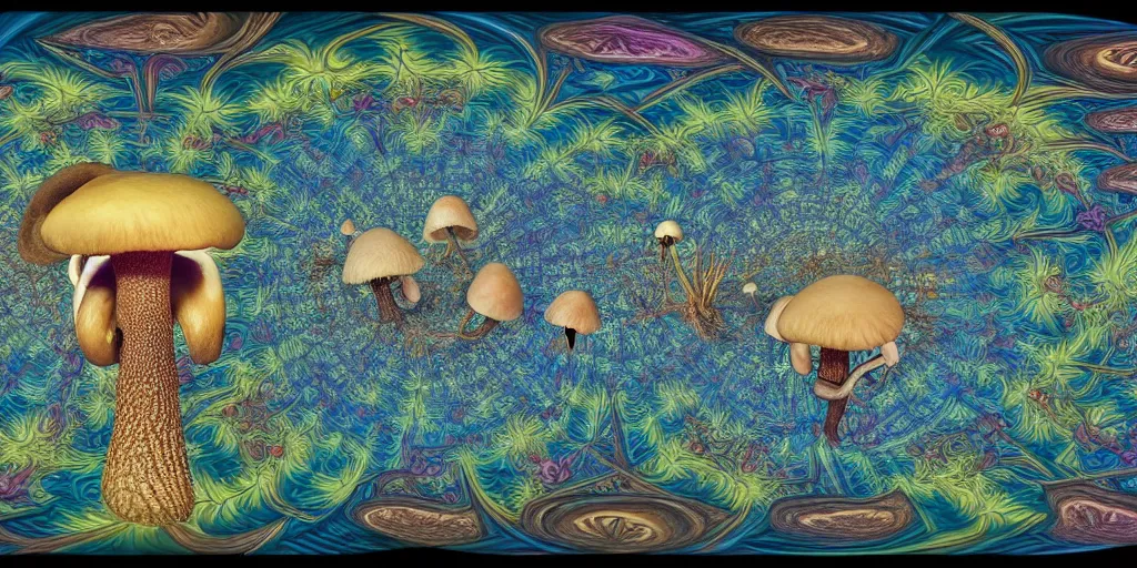 Image similar to 360 degree equirectangular, anthropomorphic mushroom circus portrait, Art Deco nature, fantasy, intricate art deco mushroom designs, elegant, highly detailed fractals, sharp focus, fractal, equirectangular, 360 degree, equirectangular, 360 monoscopic equirectangular, art by Artgerm and beeple and Greg Rutkowski and WLOP