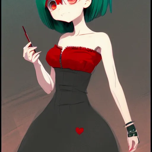 Prompt: elegent girl with gray hair and green eyes, wearing a red and black color dress, in the style of and ilya kuvshinov and greg rutkowski, high quality anime artstyle, intricate