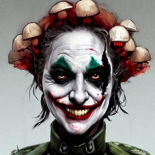 Image similar to joker as an attractive mature smiling woman wearing a mushroom crown and heavy armoured wedding dress, face portrait, hd shot, digital portrait, elegant, beautiful, fantasy art, artstation, comic style, by artgerm, guy denning, jakub rozalski, magali villeneuve and charlie bowater