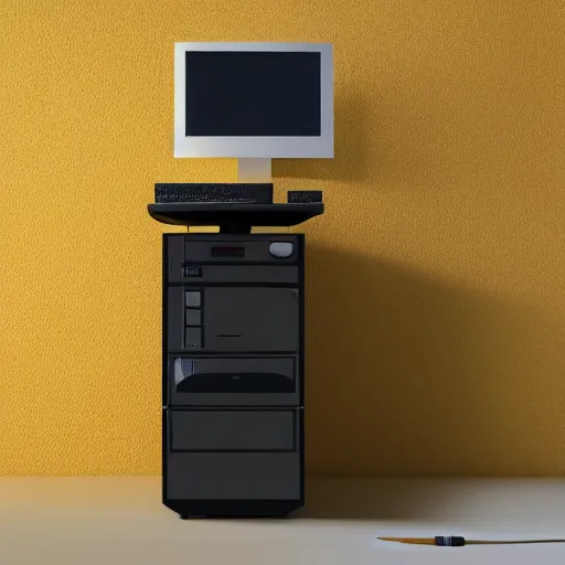 Prompt: a computer from the 8 0 s on a pedestal, 3 d render, octane ray tracing, ultra high detail, photorealistic high resolution, photorealistic, studio lighting, award winning render