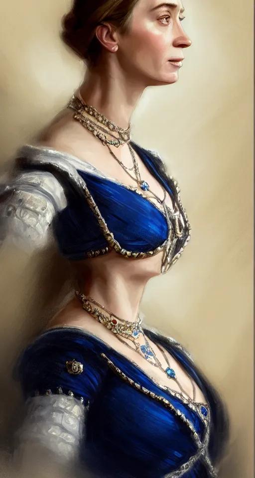 Image similar to portrait of emily blunt as queen victoria, jewelry, greek, sapphire, victorian age, 1 8 9 0, intricate, headshot, key visual, conceptart, ambient lighting, highly detailed, digital painting, artstation, concept art, sharp focus, by makoto shinkai and akihiko yoshida and greg manchess