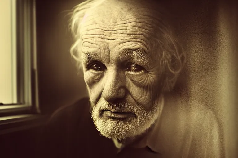 Image similar to a cinematic, headshot portrait, of an old man, looking in the window, fantasy, dramatic, soft light, dreamy, facial features, detailed, deep focus, movie still, dramatic lighting, ray tracing, by hendrik kerstens and paolo roversi