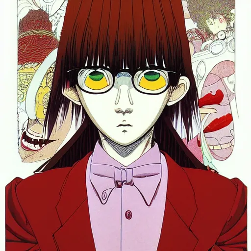 Prompt: prompt: Fragile looking flat colors portrait face drawn by Katsuhiro Otomo and Suehiro Maruo, inspired by Paprika anime, magical and alchemical objects on the side, soft light, monochrome background, intricate detail, intricate ink painting detail, sharp high detail, manga and anime 2000