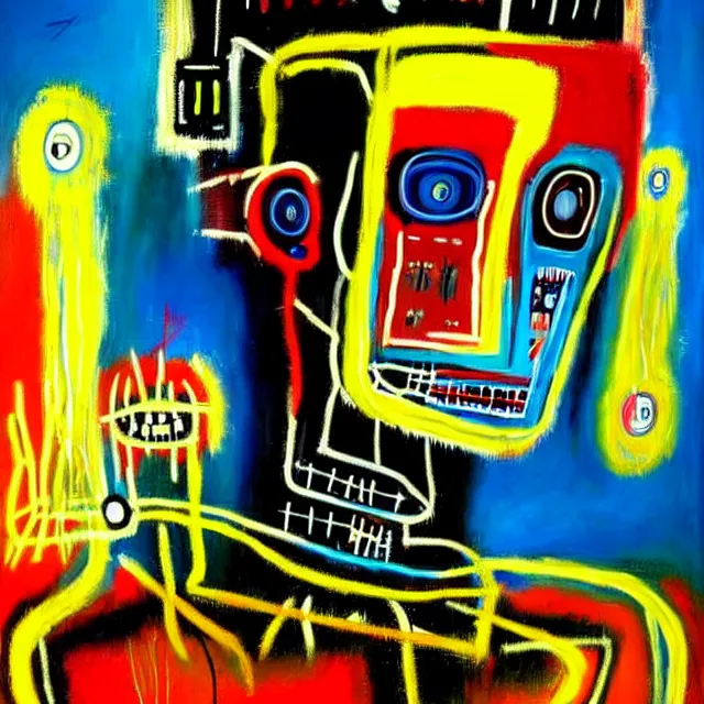 Image similar to a beautiful painting cyberpunk robot jean michel basquiat face, by salvador dali realistic oil painting