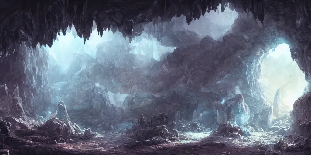 Image similar to fantasy matte painting of a cave with huge glowing crystals in the walls and piles of bones on the floor, fantasy, sharp focus, artstation
