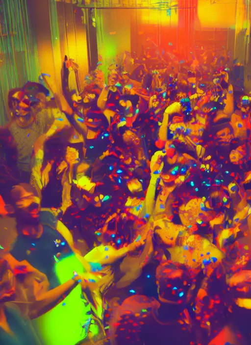 Image similar to Detailed vivid photo of happy, kind, exuberant people riot-partying in virtual urban warehouse, dreamy soft neon lights, 3d octane render, film look, realistic, photo, detailed, patriotic, highly detailed, sharp focus, leica, zeiss, kodak film look, digital illustration, digital painting, concept art, hyper detailed, illustration, fantasy, art by artgerm and greg rutkowski and alphonse mucha, dynamic lighting, art by peter mohrbacher on artstation, night mood, Moebius, Greg Rutkowski, Zabrocki, Karlkka, Jayison Devadas, Phuoc Quan, zenith view, cyberpunk pincushion lens effect