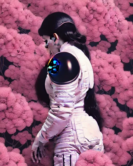 Prompt: a vintage photograph of a female astronaut standing on a bed of black and pink flowers, photorealistic, muted colors, dark aesthetic, intricate, elegant, sharp focus, illustration, highly detailed, digital painting, concept art, matte, art by wlop and artgerm and greg rutkowski and ross tran, masterpiece