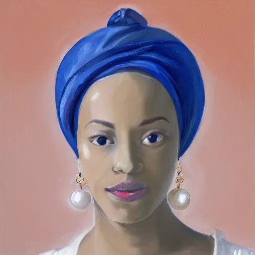 Image similar to a painting of a young woman wearing a blue and white turban. the woman is looking to the side with a soft expression, and her earring is a large, shining pearl. the background is a dark space, and the light is shining on the woman from the front, creating a halo - like effect around her head.