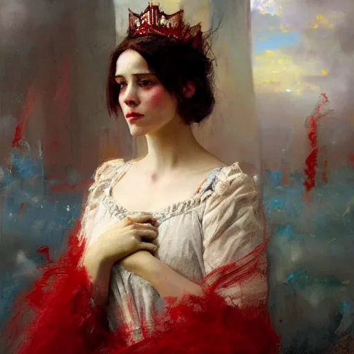 Image similar to solomon Joseph Solomon and Richard Schmid and Jeremy Lipking victorian genre painting portrait painting of a young beautiful woman queen of the sky in fantasy costume, red background